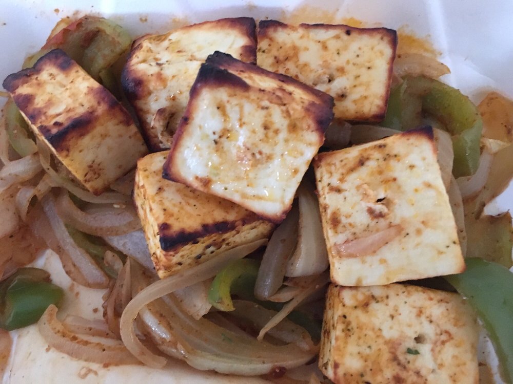 Cubed paneer cheese grilled with onions and peppers.